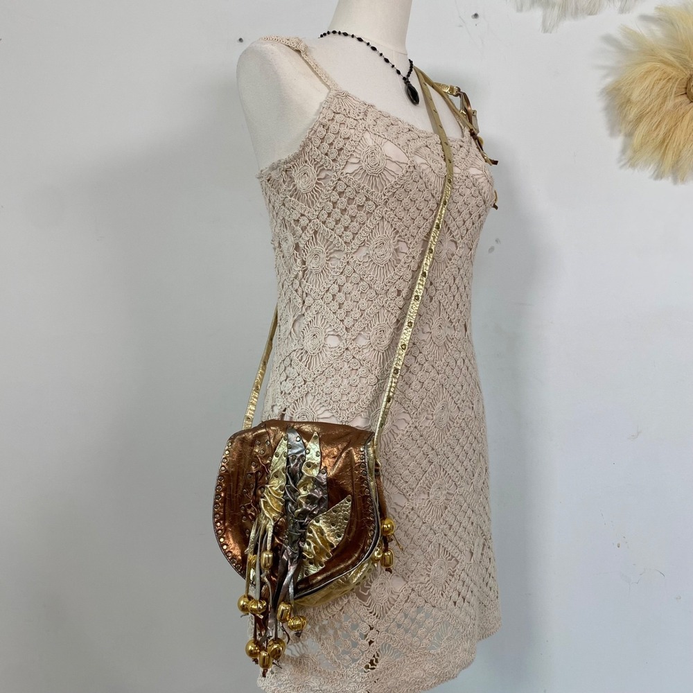Atash Womens Leather Boho Crossbody Bag Purse Studded Beaded Tassels Festival